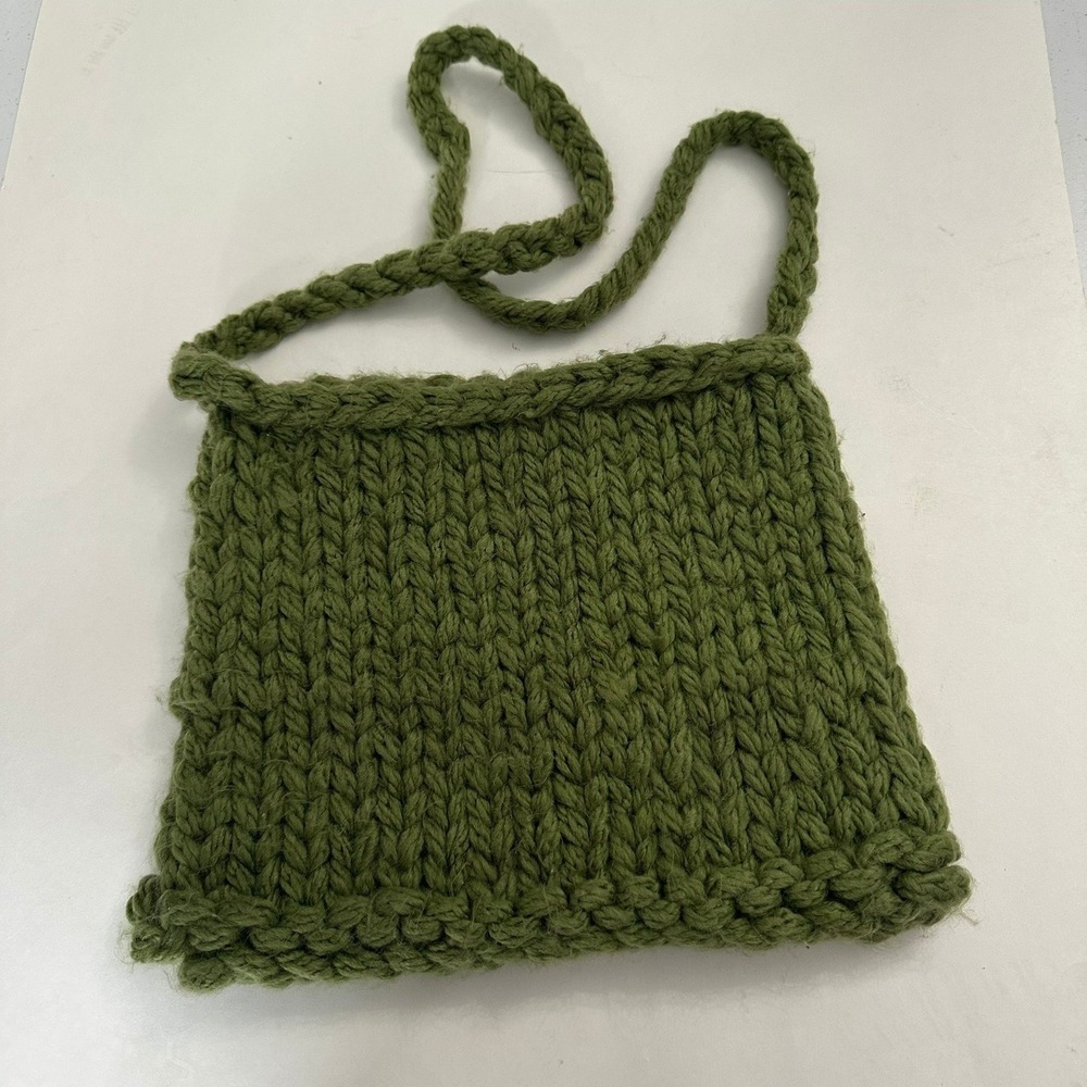 Handmade Boho Chunky Knit Crossbody Bag Olive Green Braided Strap Hippie Artsy